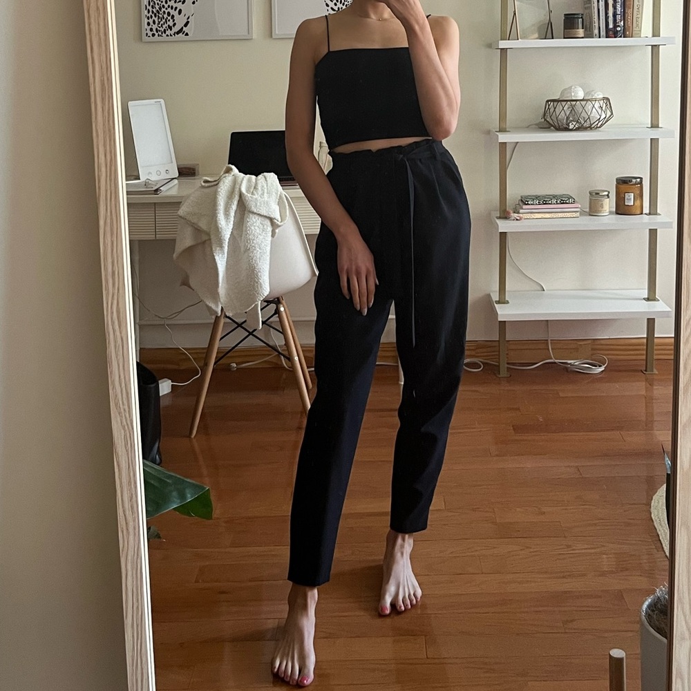 Black Tie Waist High Rise Paper-bag Trousers